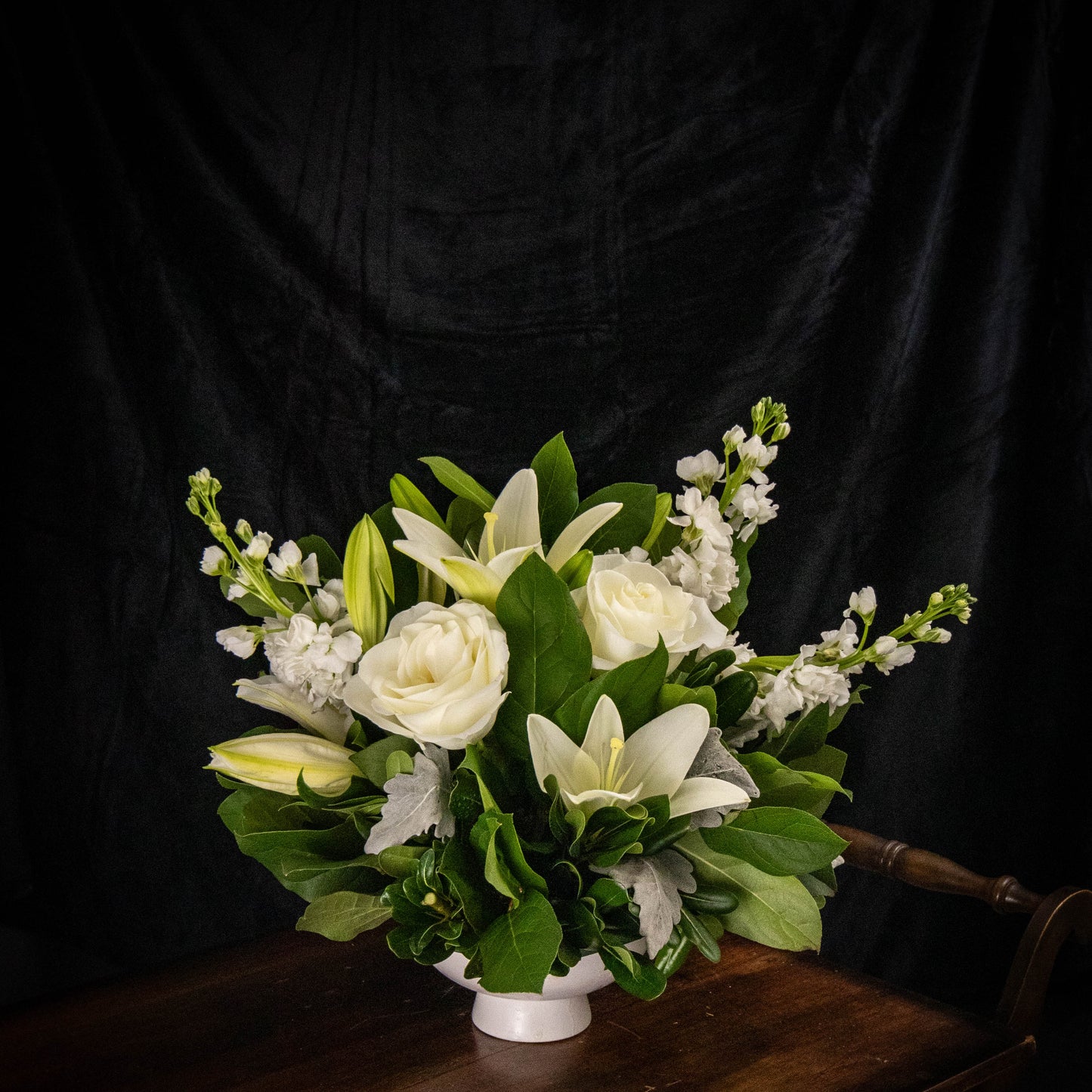 white lily sympathy bouquet Quiet Grace– Sympathy Arrangement with Lilies & Roses – Peters and Sons